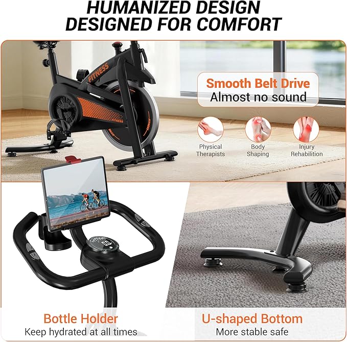 CURSOR FITNESS Exercise Bike, Quiet Belt Drive Stationary Bike for Home with 0-100 Resistance & App, 300 LB High Carbon Steel Training Bike, Indoor Cycling Bike with Tablet Holder and Heart Rate