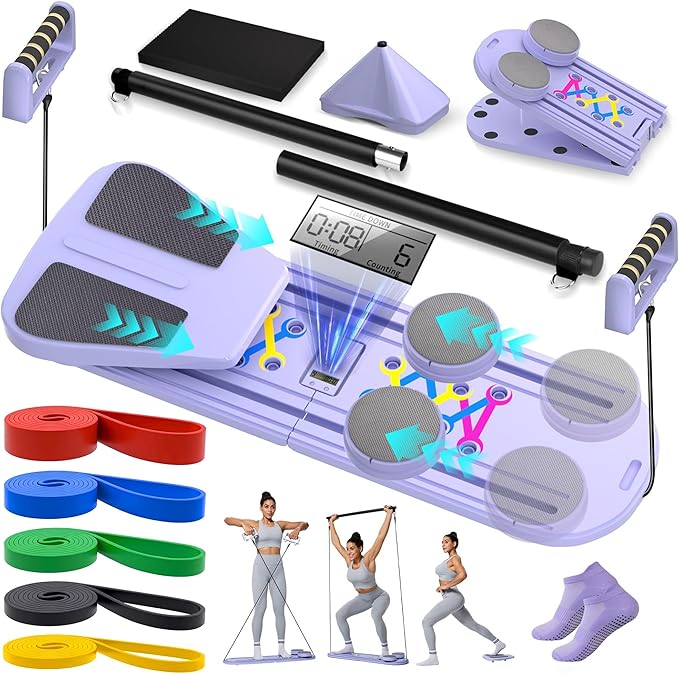 Pilates Board, 9 in 1 Multi-Purpose Foldable Pilates Reformer Set, Portable Pilates Reformer Board with Yoga Socks & Resistance Bands, Best for Women Fitness & Exercise at Home Pilates Workout Board