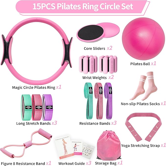 Pilates Essentials Kit for Home Women, Pilates Equipment for Workouts, 6 Fabric Resistance Bands, 12 Inch Magic Circle Yoga Ring, Mini Exercise Ball, Great Exercise Accessories