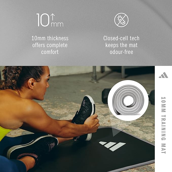 adidas 10mm Extra Thick Training Mat with Carrying Strap and Non-Slip Textured Base - Cushioned Workout Mat for Home Gym, Floor Workouts, and Intense Exercises - Portable and Durable