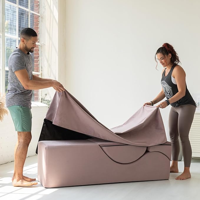 Avana Kami Convertible Chaise/Bed Bench for Yoga & Massage - 2-in-1 End of Bed Ottoman with Concealed Fold Out Yoga Lounge Chair, 22" Wide, Microvelvet Rose