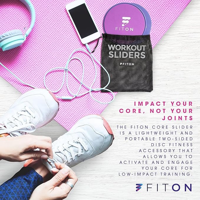 FitOn Core Sliders with Mesh Pouch – Dual-Sided Workout Sliders Disc for Foot Strength, Ab Exercise, Pilates Equipment, Glutes & Yoga – Home Fitness Workout Equipment for Carpet & Hard Floors – Purple