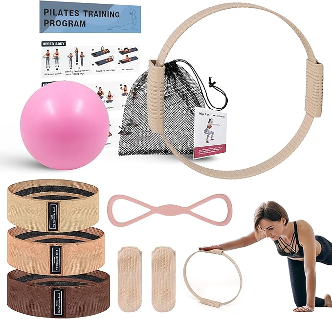 Wavar Pilates Essentials Kit for Women Pilates Equipment with 13.5" Magic Circle Mini Ball Resistance Band Premium Accessories Pilates Ring Set for Starter Workout at Home with Exercise Guide