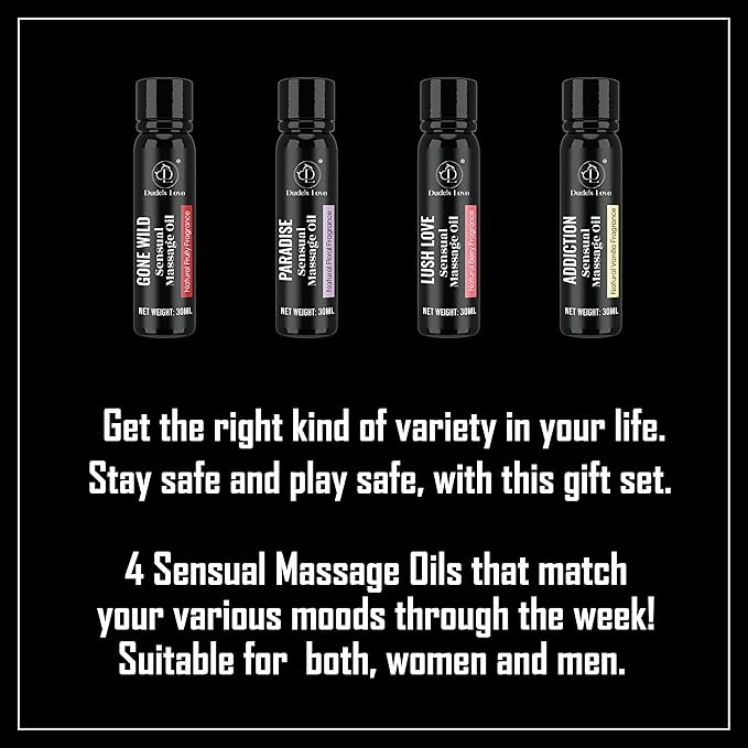 Organic Sensual Safe to Lick Body Massage Oils for Couples - Gift Set Romantic Date Night – Non Greasy No-Stain Fractionated Coconut Oil Quick Absorbing Smooth Glide Trial Pack of 4-120 ML/4 Fl Oz