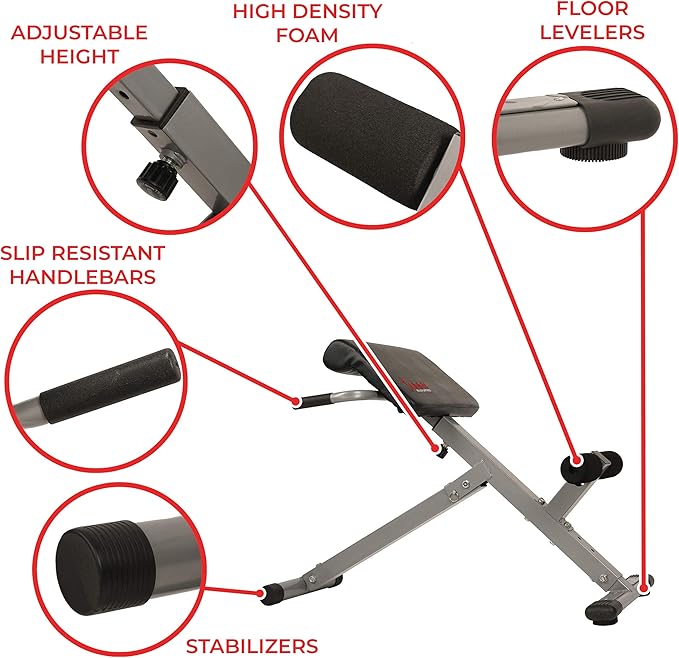 Sunny Health and Fitness 45 Degree Hyperextension Roman Chair, Steel, Grey, One Size + Squat Assist Upright Row-N-Ride Rowing Machine, Horse Riding Machine Full Body Indoor Trainer