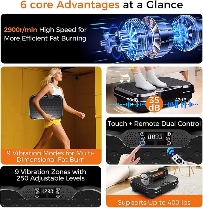 Vibration Plate Exercise Machine,Vibrating Platform for Lymphatic Drainage with 250 Speeds,500 lbs Weight Capacity,Vibrated Plates for Weight Loss,Full Body Workout Equipment for Fitness at Home