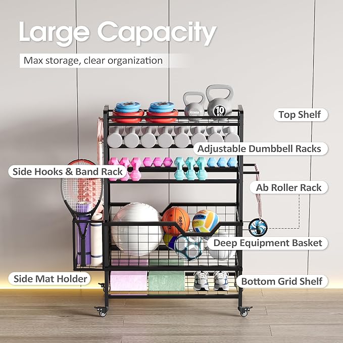 Dual-Sided Dumbbell Rack with Hooks & Wheels, Adjustable Home Gym Storage Rack for Dumbbells, Kettlebells, Balls, Yoga Mats, Ab Roller, Weight Rack Organizer for Workout Equipment