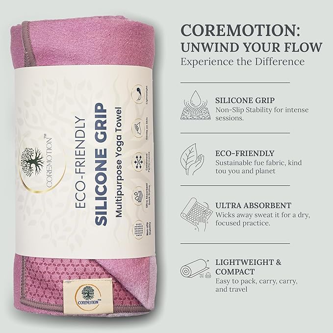 COREMOTION Hot Yoga Mat Towel (26.5'' x 72'’) – Lightweight Multipurpose Towel with Non-Slip Silicone Grip, Quick-Dry & Sweat Absorbent for Women - Yoga, Pilates, Gym, Indoor & Outdoor Workouts
