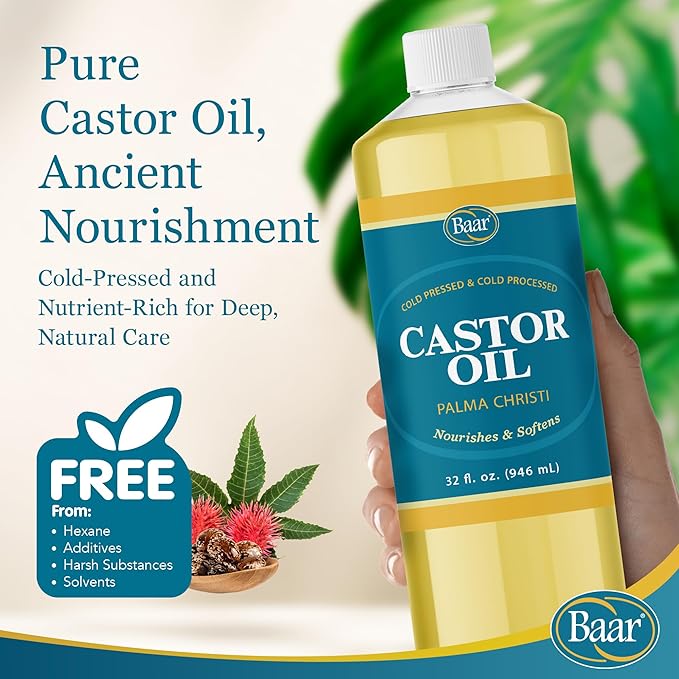 Baar Cold-Pressed Castor Oil, Cold-Processed, Hexane-Free, Palma Christi, for Skin, Hair, Massage & Castor Oil Packs, BPA-Free Bottle, 32 oz