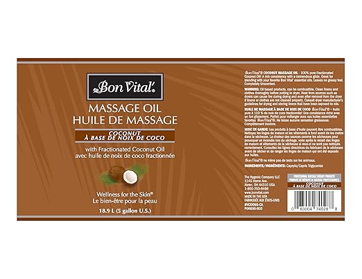 Bon Vital' Coconut Massage Oil, 5-Gallon Pail, 100% Pure Fractionated Coconut Oil for Dry Skin, Lightweight Non-Greasy, Neutral Scent, Non-Staining, for Massage Therapy & At-Home Use