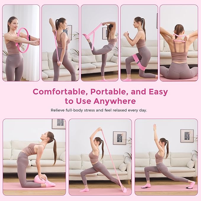 Pilates Equipment, Pilates Kit for Home Workouts, Pilates Ring and Ball Set for Women With 14.5" Pilates Ring, Ball, Resistance Bands, Sliders, Yoga Strap & Ring, Socks, Measure Tape, Stretch Band Bag