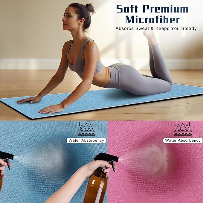 Hot Yoga Towel Non-Slip, 2 Pack Thick & Soft Yoga Mat Towel, Sweat Absorbent, with Grip Dot, 72" x 26", Yoga Towel for Hot Yoga, Pilates, Fitness and Gym Workouts, BluePink