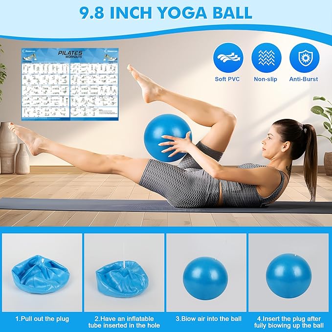 Pilates Ring Set Exercise Equipment, with Exercise Resistance Bands Set, Pilates Ball, Sliding Disks. Portable Home Gym - with Fitness Guide Poster