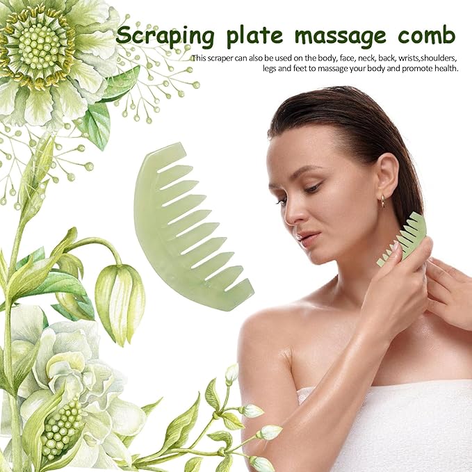 Janedream Jade Stone Gua Sha Comb Traditional Massage Tools for Scalp Head Hair Facial Manual Scalp Massagers with Acupuncture Head Therapy Trigger Point Treatment