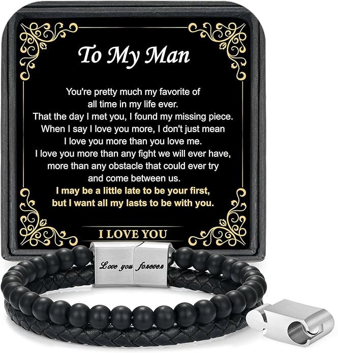 LUXEJEW Gifts for Men - Beaded Leather Bracelet 6mm Matte Agate Stone Bracelets for Men Dad Son Husband Boyfriend Grandpa Grandson Brother Uncle Nephew Adjustable Magnetic Clasp