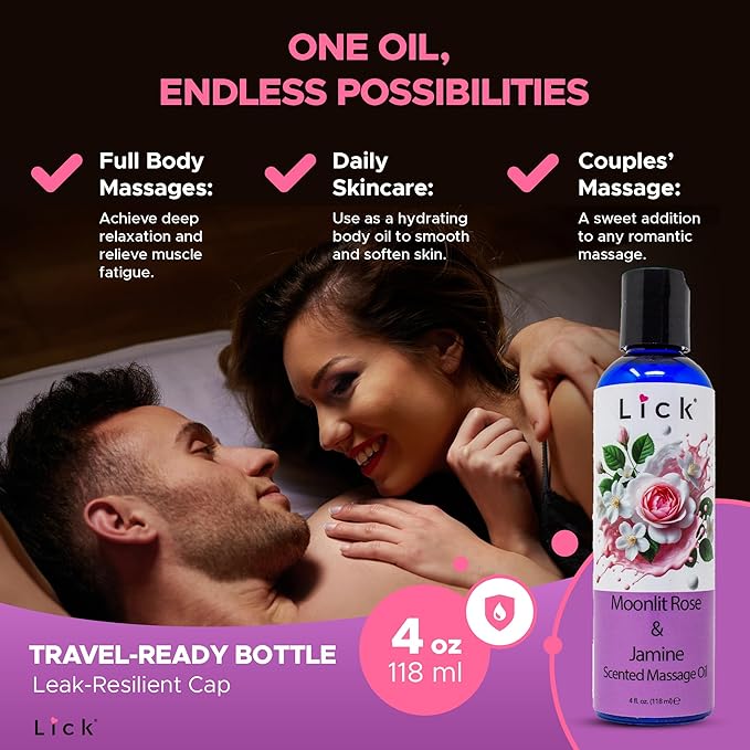 Lick Rose and Jasmine Massage Oil – Elegant Floral Massage Oil with Sweet Almond Oil & Vitamin E, Relaxing Aromatherapy Glide for Couples Massage, 4 oz
