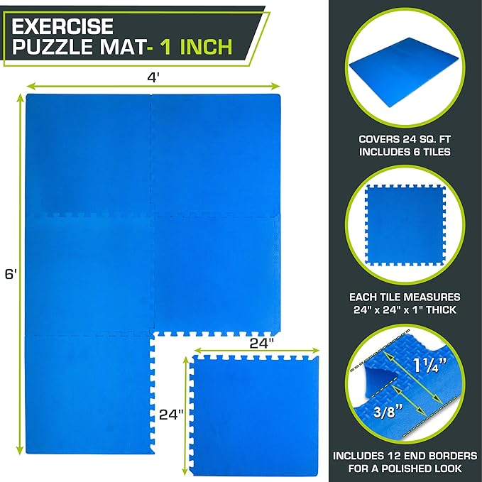 ProsourceFit Weaved Pattern Extra Thick Exercise Puzzle Mat 1-inch, EVA Foam Interlocking Tiles for Protective, Cushioned Flooring for Home and Gym Equipment; Blue, 24 SQ FT, 6 Tiles