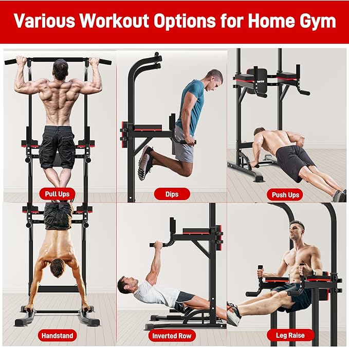 Outdoor Basic Power Tower, Pull Up Bar and Dip Station for Home Gym, 1400LBS Weight Capacity, Adjustable Height, Heavy Duty Steel Frame for Calisthenics, Strength Training Fitness Equipment