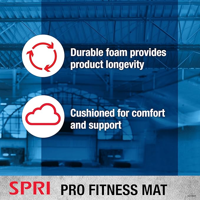 SPRI 12mm Pro Fitness Matt - Thick Exercise Mat for Floor Workouts, Sit-Ups, Push-Ups, Stretching, Toning, and General Fitness - Non-Slip Texture, Cushioned, Portable Rolling Mat with Carrying Strap