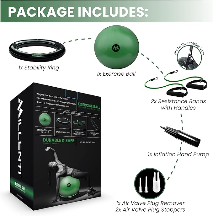 Millenti Exercise Ball Chair 65cm - Yoga Ball Chair Stability Base Ring Kit & Fitness Resistance Bands For Home, Gym Bundle, Pilates Ball, Office Chair, Birthing Ball For Pregnancy - With Workout Chart