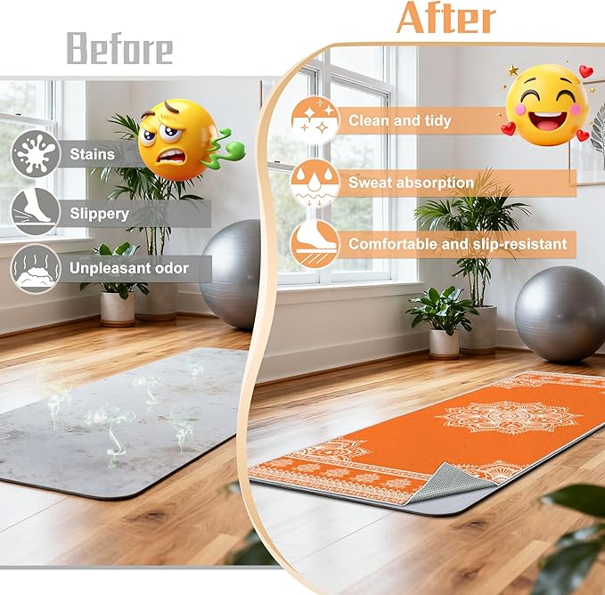 Yoga Towel,Absorbent Yoga Mat Towel for Hot Yoga Non Slip,Stylish Prints,Ideal for Workouts,Hot Yoga,Bikram,Pilates Equipment,72 x 27 in,Orange Mandala