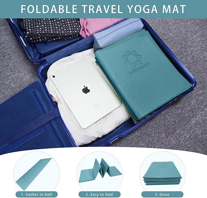 Primasole Folding Yoga Travel Pilates Mat Foldable Easy to Carry to Class Beach Park Tear resistant Travel Picnics 4mm Thick 9 Colors