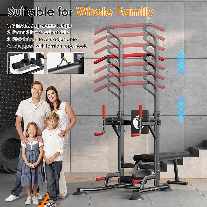 soges Pull Up Bar Dip Station, Power Tower with Folding Dumbbell Bench & Backrest, Adjustable Height Pull Up Bar Stand, Multi-Function Home Gym Strength Training Fitness Equipment 330LBS
