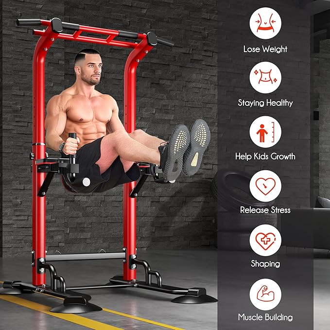 DlandHome Pull Up Bar Power Tower Dip Station, Height Adjustable Heavy Duty Workout Dip Stand, Multi-Functional Strength Training Machine for Men Women Home Gym