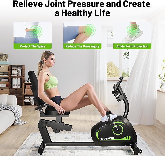 Caromix Recumbent Exercise Bike for Adults Seniors, Stationary Bike for Home with Comfortable Seat and Heart Rate Handle, Magnetic Resistance Indoor Cycling Bike with 300LBS for Cardio Workout