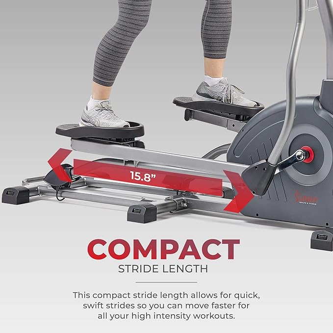 Sunny Health & Fitness Elliptical Exercise Machine, Silent Training, Long Stride Full Body Workout, Adjustable Resistance, Pulse Sensor, SunnyFit App via Bluetooth, Electric or Manual