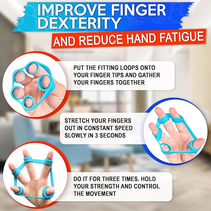 6Pcs Finger Strengthener with 3 resistance levels - Elastic Silicone Finger Exerciser with Shape-Retention and Ergonomic Design - Tear-Resistant Hand Stretcher with Comfort Grip for Hand Recovering