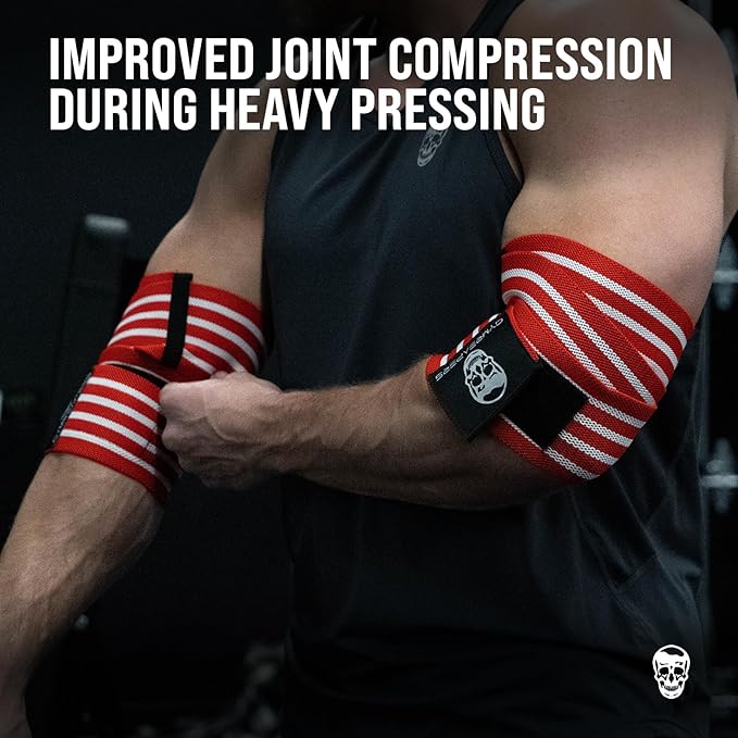 Gymreapers Weightlifting Elbow Wraps (1 Pair) - Flexible 40'' Elbow Compression Strap & Joint Support Brace - for Bench Press, Powerlifting, and Pressing