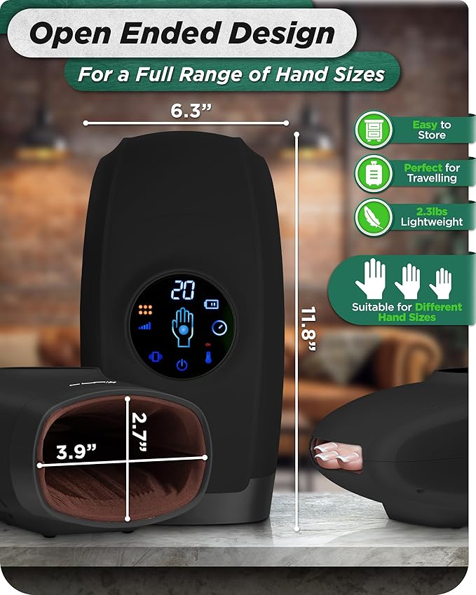 Lunix LX7 FSA LCD Touchscreen Hand Massager, Heated Air Compression, for Arthritis & Carpal Tunnel Relief, Finger Numbness & Wrist Pain Relief, Cordless Rechargeable, Charcoal Black