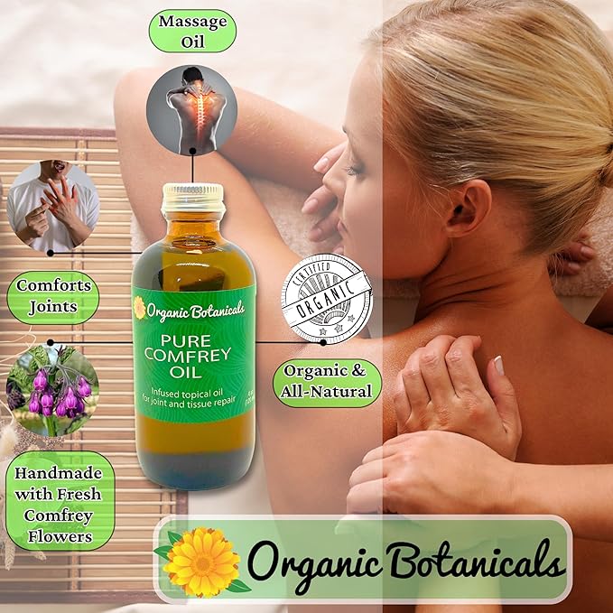 Pure Organic Comfrey Leaf Infused Oil - Skin Care for Joints, Back, Muscles, Fractures, Bruises, and Minor Wounds, Natural Herbal Body Massage Oil, Certified Organic (2 oz)