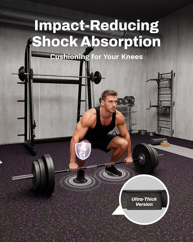 AIRHOP 0.79in Thick 24 Sq Ft Exercise Equipment Mats, 6 Tiles Upgraded Rubber Top with High Density EVA Foam, Large Interlocking Puzzle Gym Flooring for Home Gym, Heavy Weight Workout,Black & Purple