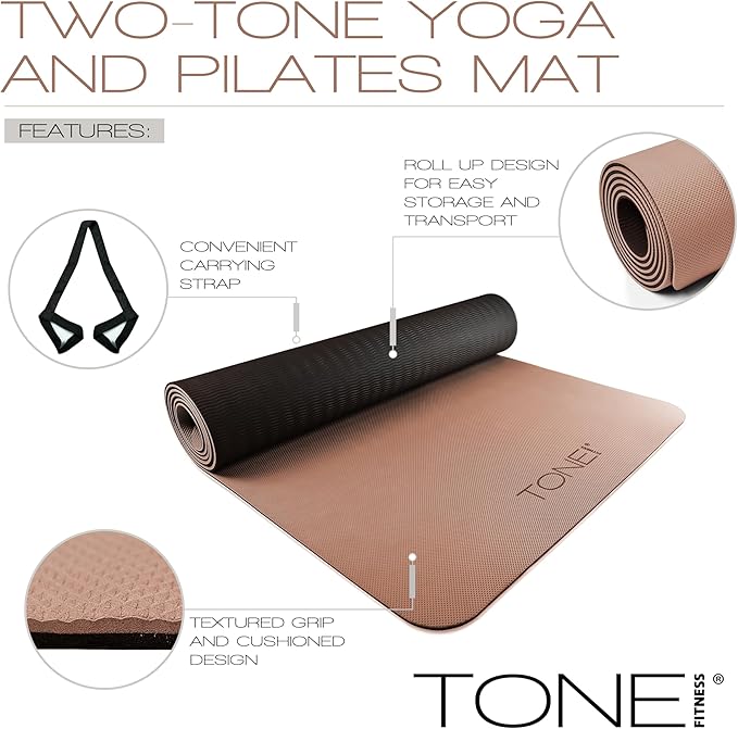 TONE Fitness Yoga Mat 1/4" Thick Non Slip Exercise & Pilates Mat for Home Workouts with Carrying Strap | Multiple Options