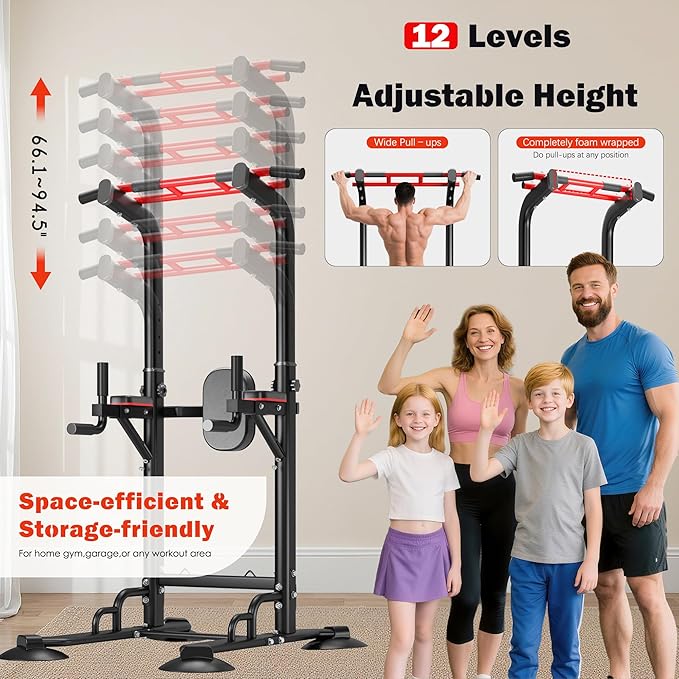DlandHome Pull Up Bar Power Tower Dip Station, Height Adjustable Heavy Duty Workout Dip Stand, Multi-Functional Strength Training Machine for Men Women Home Gym