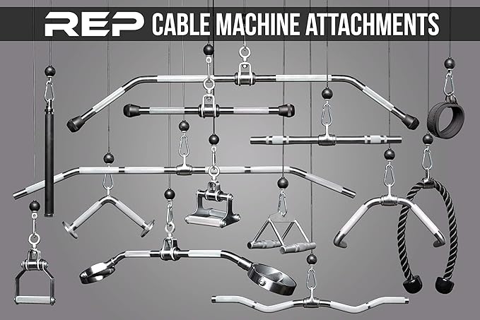 REP Fitness LAT Pulldown and Low Row Cable Machine Attachments and Functional Trainer Attachments – Curl Bar, D-Handle, Ankle Cuff, Tricep Rope, Sports Handle, Straight Bar, Row, Chinning Triangle
