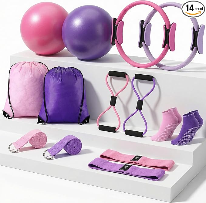 Poen Pilates Equipment Kit for Home Workout Pilates Ring and Ball Set for Women 12'' Circle Yoga Fitness Essentials Kit with Resistance Bands, Yoga Strap, Socks,Bag