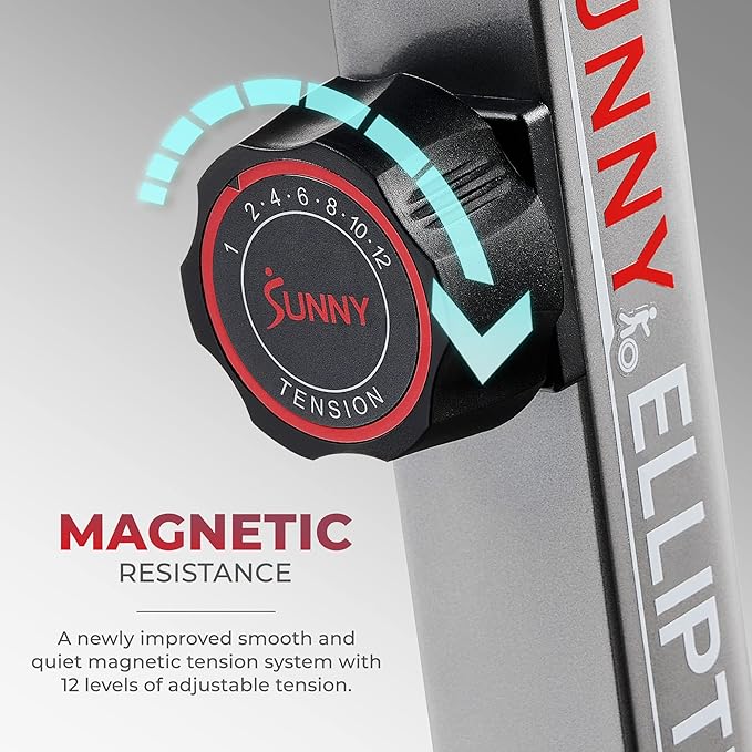 Sunny Health & Fitness Elliptical Exercise Machine, Silent Training, Long Stride Full Body Workout, Adjustable Resistance, Pulse Sensor, SunnyFit App via Bluetooth, Electric or Manual