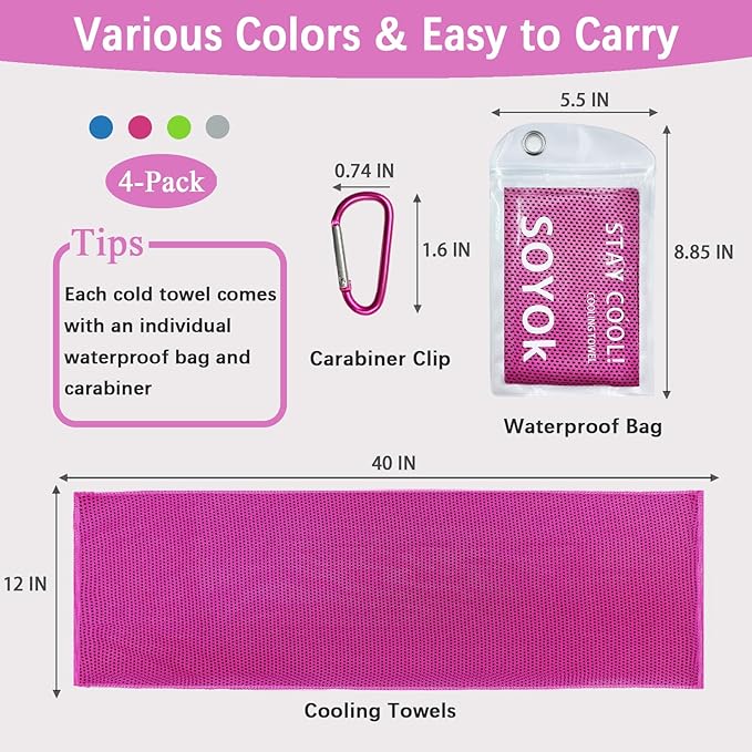 4 Packs Cooling Towel, 40" x 12" Microfiber Cooling Towels for Neck and Face, Soft Breathable Gym Towel for Working Out with Waterproof Bag & Carabiner, Sweat Towels for Running, Yoga, Travel, Climb