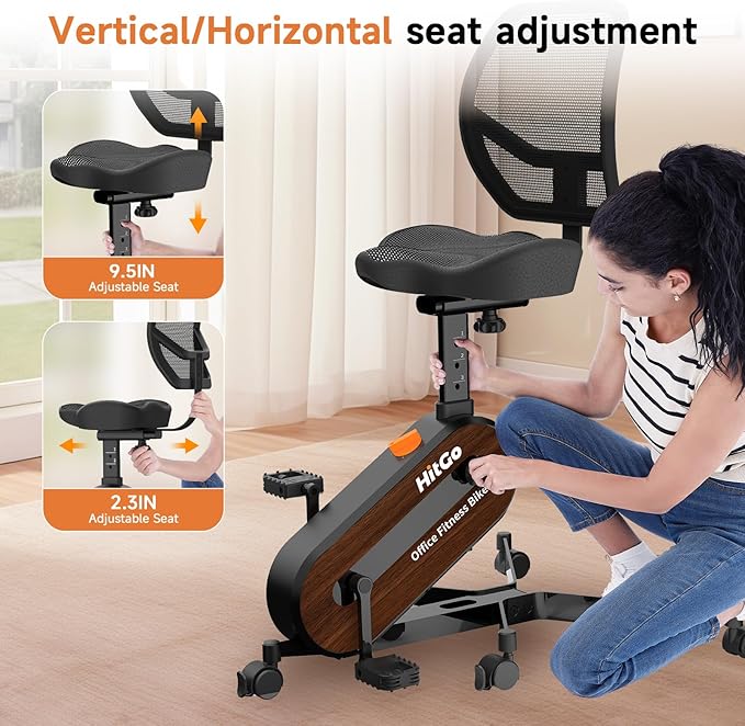 Office Exercise Bike Desk Chair,330 lbs Heavy Duty Under Desk Bike with 9-Level Height Adjustable Seat 24.4"-33.8",8-Level Resistance & Rolling Wheels,Quiet Fitness Chair for Home Office