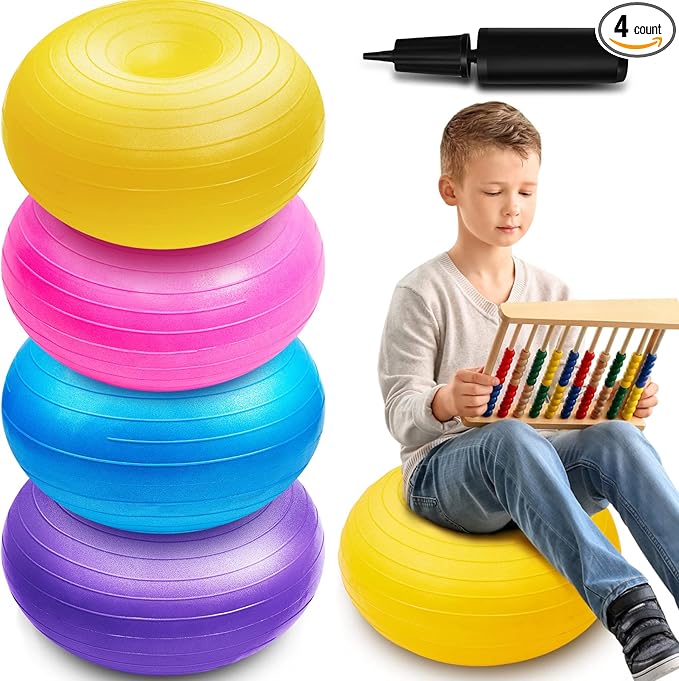 Lewtemi 4 Pcs Flexible Seating for Classroom Elementary 20 Inch Yoga Ball Chair Inflatable Donut Ball Chair with Inflator for Kids Student Sensory Balance Office Exercise