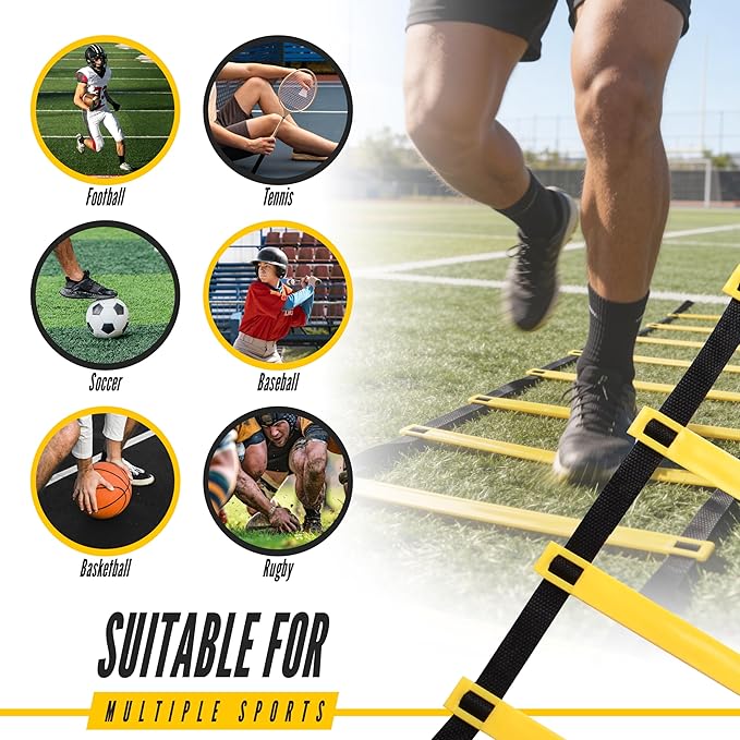Agility Ladder, 2 Pack - Exercise and Training Ladder Set with Ground Stakes for Football, Soccer, Tennis, and More - Improves Speed & Fitness - Complete with Carrying Bag