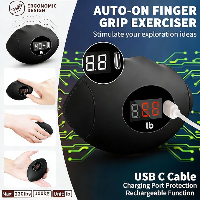 Hand Grip Strengthener, Rechargeable Digital Grip Strength Trainer with LCD Display Up to 220lbs/100kg, Silicone Hand Exercise Ball for Forearm Finger Training & Stress Relief, for Adults and Kids