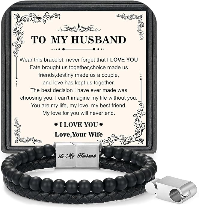 LUXEJEW Gifts for Men - Beaded Leather Bracelet 6mm Matte Agate Stone Bracelets for Men Dad Son Husband Boyfriend Grandpa Grandson Brother Uncle Nephew Adjustable Magnetic Clasp