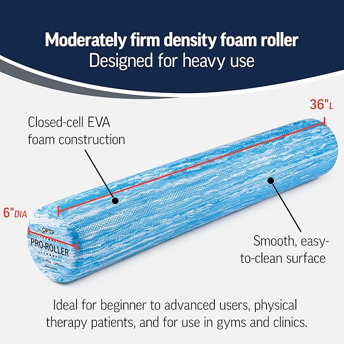 OPTP PRO-ROLLER Standard Density Foam Roller - Durable Roller for Back Massage, Deep Tissue Foam Roller Exercises, Stretching, Fitness, Yoga and Pilates - 36 Inches by 6 Inches, Blue