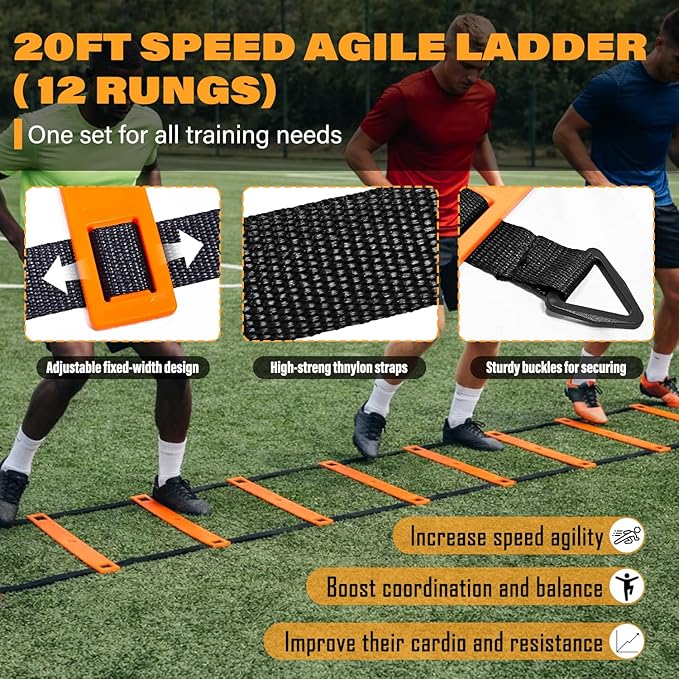 Soccer Agility Training Equipment Set, 20ft Speed Ladder, 12 Soccer Cones, 4 Hurdles, Running Parachute, Jump Rope, Basketball Football Soccer Training Equipment
