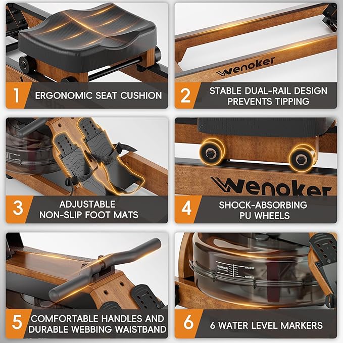 Water Rowing Machine for Home Use, WENOKER Wooden Foldable Rower Machine with Dedicated Monitor & Bluetooth APP, Large Water Tank & Comfortable Seat for Immersive Water Rower, 350LBS Weight Capacity