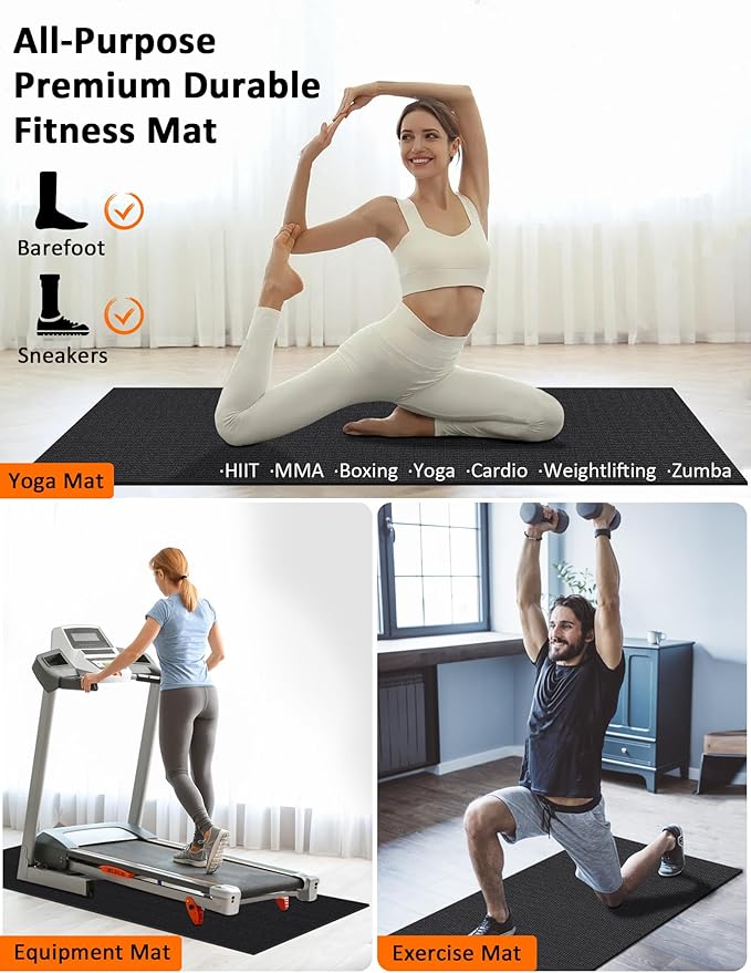 Large Workout Mat 6'x2' & 6'x4' - Home Gym Flooring for Weightlifting, Jump Rope, MMA, Yoga, Cardio, Stretch, Plyo, HIIT - Shoe-Friendly